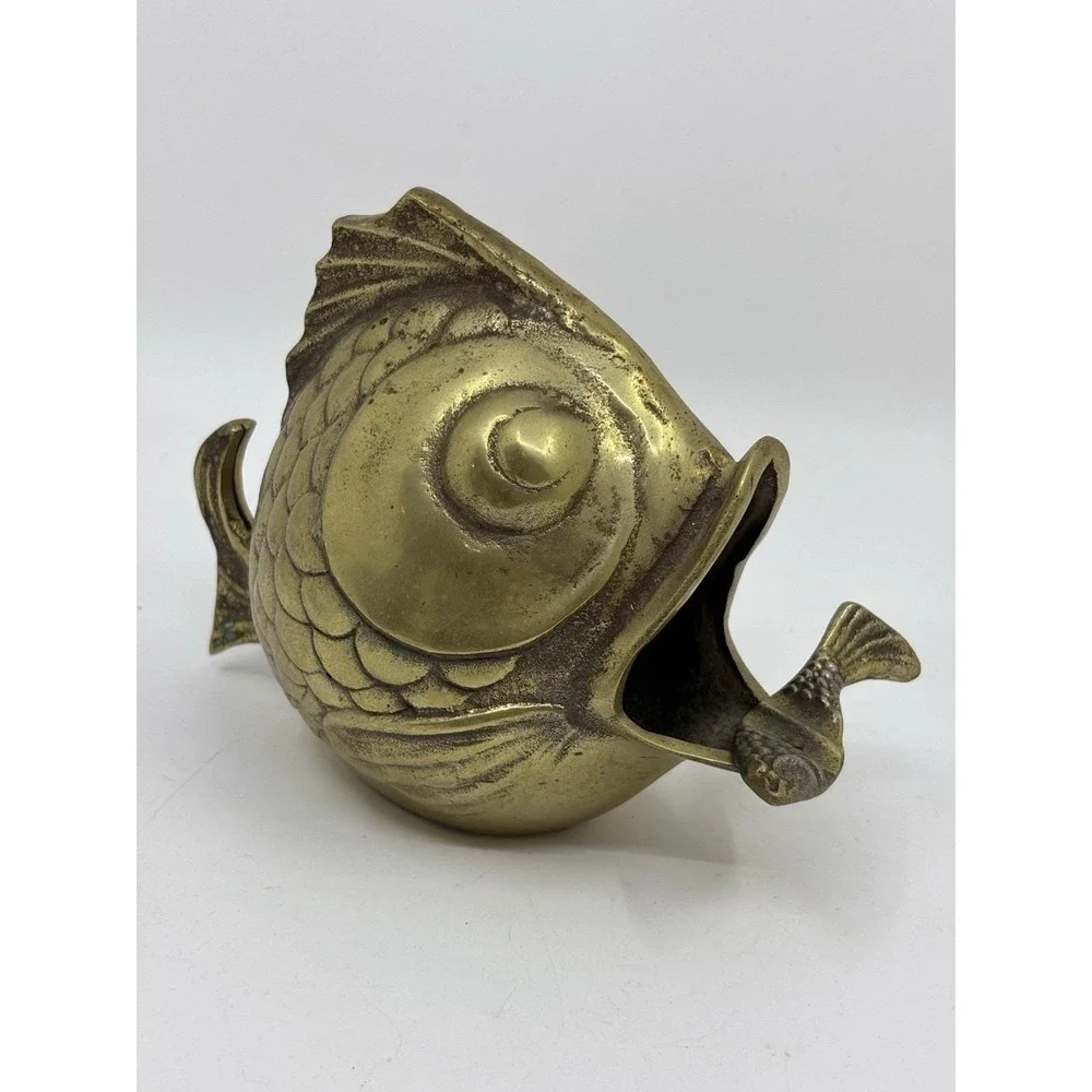 Vintage Solid Brass Happy Koi Fish Ashtray Cigar Open Mouth 1950's Soap Dish